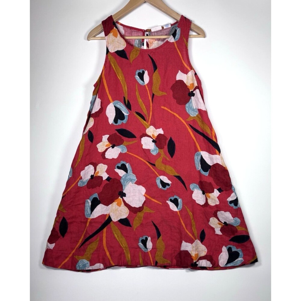 Sigrid Olsen Linen Dress Small Red Floral Sleeveless A Line Pockets Artsy Casual